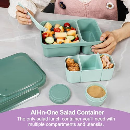 Caperci 2 Pack Salad Containers - Extra-Large 62 oz Bento Lunch Box for Adults, 2-Compartment Meal Prep Container with Removable Toppings Tray, Sauce Cup, Reusable Fork, BPA-Free (Purple & Green) - color: Khaki Green & Purple