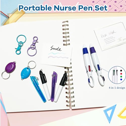 5 Pcs Nurse Accessories Pen Set, Nursing Essentials Include Badge Keychain Clip, Mini Highlighter, Permanent Marker, Ballpoint Pen and LED Keychain Flashlight, Blue - color: Blue