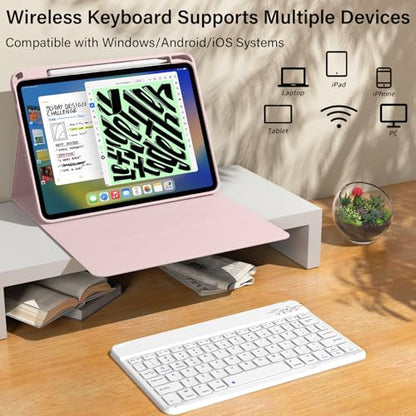 kenke for iPad 11/10th Gen Case with Keyboard 11/10.9 inch 2025 A16/2022, Detachable Wireless Bluetooth Keyboard Case with Bulit-in Pencil Holder, White Square Keycaps (Pink) - color: Pink