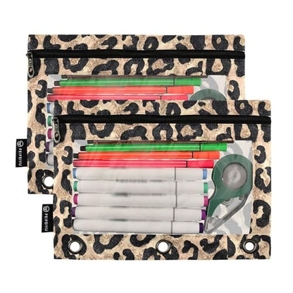 Cheetah Brown Golden Binder Pouches 3 Ring for Boys Girls School Office College Supplies Leopard Black Pencil Pouches Case Bag with Clear Window and Zipper 2 Pack - color: Leopard