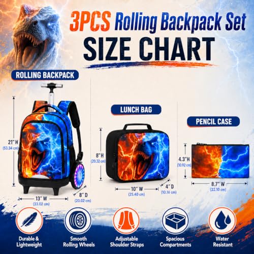 AGSDON Quiet Rolling Backpack with Lunch Box Set – Large Luminous Wheel Water‑Resistant Wheeled Bag for School, Outings, and Travel | Fire-Lightning Dinosaur 3‑Piece Organizer Backpack - color: Large Luminous Wheel Rolling Fire-lightning Dino