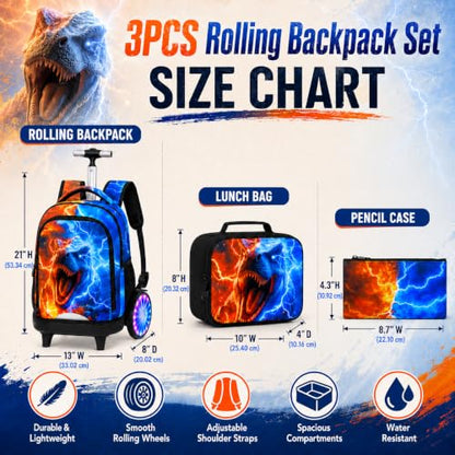AGSDON Quiet Rolling Backpack with Lunch Box Set – Large Luminous Wheel Water‑Resistant Wheeled Bag for School, Outings, and Travel | Fire-Lightning Dinosaur 3‑Piece Organizer Backpack - color: Large Luminous Wheel Rolling Fire-lightning Dino