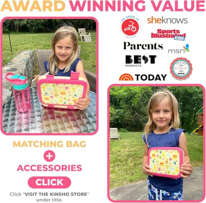 kinsho Bento Lunch Box for Kids Toddlers Girls, 4 Portion Sections Secure Lid, Microwave Safe BPA Free Removable Tray, Pre-School Kid Daycare Lunches Snack Container Ages 3 to 5, Cute Summer - color: Cute Summer Bento
