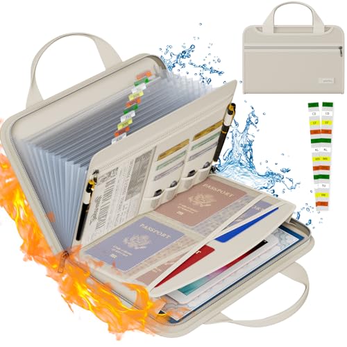 Tamfile Fireproof Accordion File Organizer, 13 Pocket Expanding File Folder | Document Organizer with Handle, File Folder with Multi-Pockets Paper Organizer for A4 File, Beige - color: Beige, style: Clear Pocket
