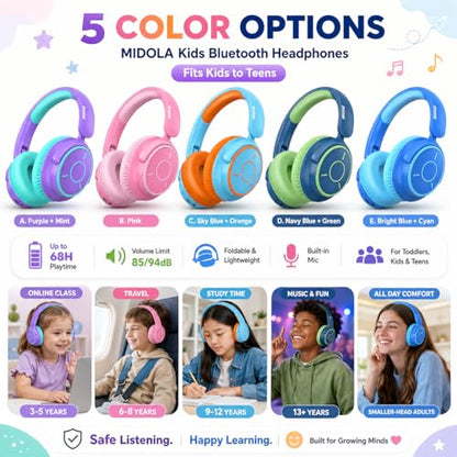 MIDOLA Kids Bluetooth Headphones 68H Play Time,Volume Limit 85/94dB, Foldable Lightweight Wireless Over-Ear Headphone for Kid Toddler Child Pad Tablet,Headsets with Built-in Mic Pink - color: Pink