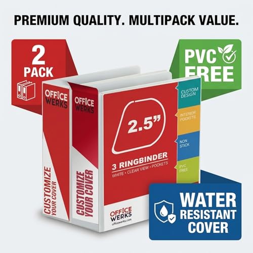 2.5 Inch 3 Ring Binder 2 Pack, Angle D-Ring, Holds 475 Sheets, Professional Presentation for 8.5 x 11 with Pockets, Clear View Customizable Cover, PVC-Free Non-Stick, White - Ring Binder Depot