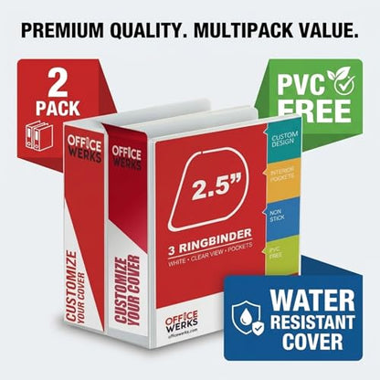 2.5 Inch 3 Ring Binder 2 Pack, Angle D-Ring, Holds 475 Sheets, Professional Presentation for 8.5 x 11 with Pockets, Clear View Customizable Cover, PVC-Free Non-Stick, White - Ring Binder Depot