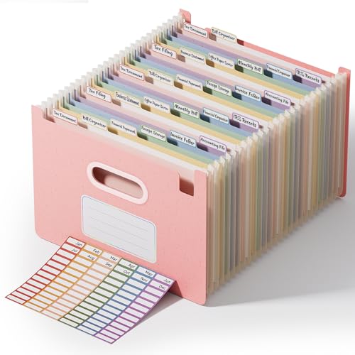 ThinkTex 26-Pocket Accordion File Organizer, Upright Open Top, Letter/A4 | Large Capacity Wheat Straw File Folders, File Organizer for Taxes, Bills, Medical Records, School, Office-Strawberry Pink - color: 26-strawberry Pink, size: 26 Pockets