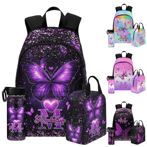 Personalized Girl Backpack Colorful Butterfly Shoulder Bags with Name Custom Elementary Schoolbag for Girls Cute Lunch Box Set Bookbag School Backpack for Girl for School Work Outdoor - color: Color 09