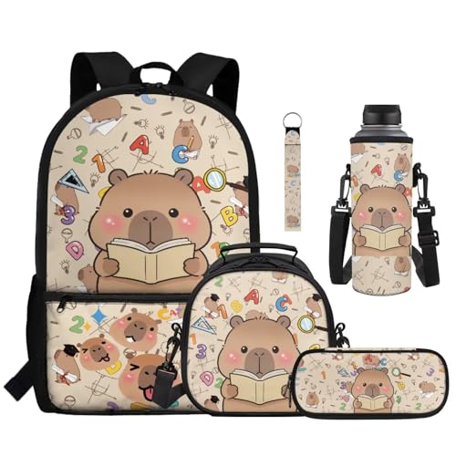 Cute Capybara Kids School Backpack Set Large Capacity 5 Pieces with Lunch Bag Pencil Case and Water Bottle Holder for Girls and Boys - color: Cute Capybara
