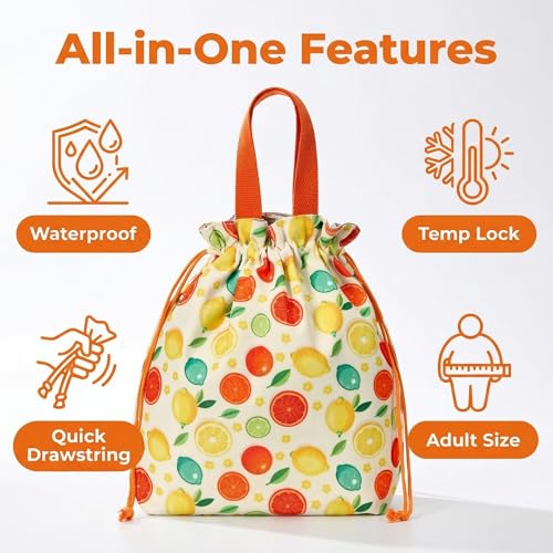 Solid Color & Fruit Print Lunch Bag, Insulated Leakproof Drawstring Pouch with 5mm Anti-Sag Base for Adult Work Commute Picnic (Lemon Fruit Print) - color: Lemon Fruit Print