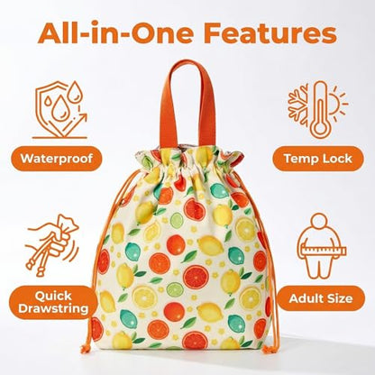 Solid Color & Fruit Print Lunch Bag, Insulated Leakproof Drawstring Pouch with 5mm Anti-Sag Base for Adult Work Commute Picnic (Lemon Fruit Print) - color: Lemon Fruit Print