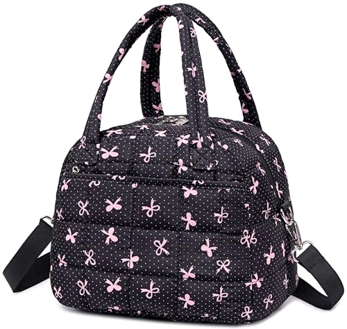LEDAOU Quilted Insulated Lunch Bag for Women, 9L Puffy Lunch Tote with Adjustable Shoulder Strap, Reusable Water-Resistant Lunch Box for Work, School, Picnic & Travel - color: Black Bow, size: Regular 9L