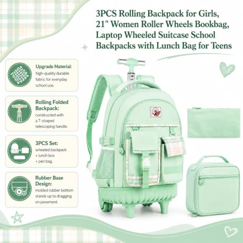 gxtvo 3PCS Womens Rolling Backpack for Girls, Wheeled Bookbag with Lunch Box for Adults, Water Resistant Roller School Bag for College Teens Kids Travel - Green - color: 3pcs Set Green