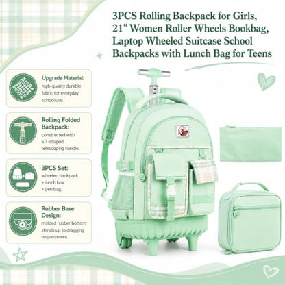 gxtvo 3PCS Womens Rolling Backpack for Girls, Wheeled Bookbag with Lunch Box for Adults, Water Resistant Roller School Bag for College Teens Kids Travel - Green - color: 3pcs Set Green