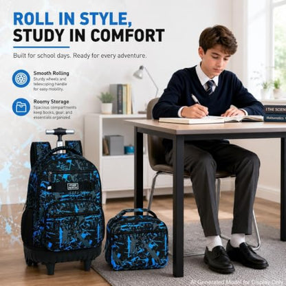 3Pcs Rolling Backpack for Boys Men, Travel Roller Backpacks with Wheels for Adults, Teens College Graffiti Wheeled Bookbag with Lunch Box(Blue) - color: Airbrush Blue