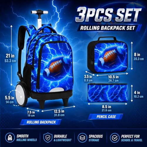 KLFVB Big Quiet-Glide Wheels Rolling School Backpack, 3-in-1 Roller Bag Set with Lunch Bag | Water-Resistant Wheeled Bookbag for Boys, Travel, Play - Lightning Rugby - color: Rolling Backpack With Big Wheels - Lightning Rugby