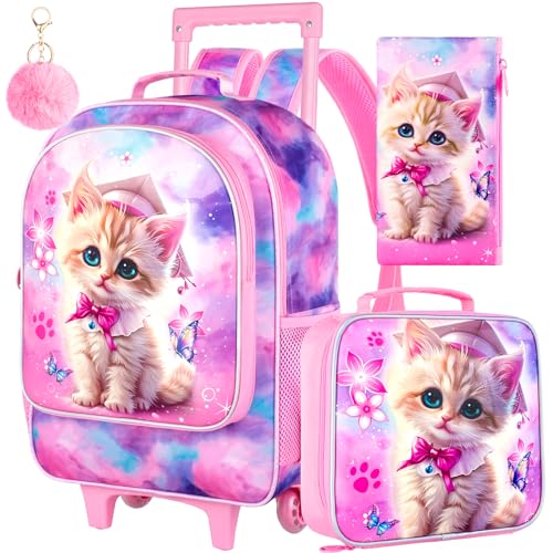 AGSDON 3PCS Rolling Backpack for Girls and Boys, Kids Roller Wheels Bookbag, Wheeled Elementary School Bag with Lunch Bag - color: Doctor Cat