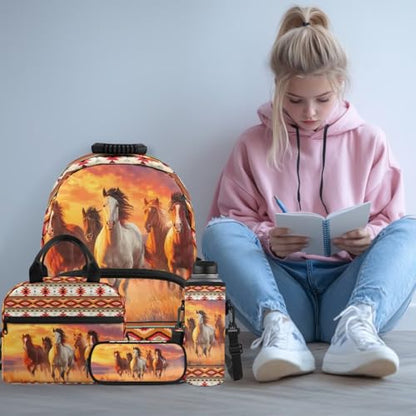 Horse 4-Piece Kids Backpack Set, 17inch School Bag with Lunch Box, Pencil Case & Water Bottle Holder for Elementary School Girls and Bys Daily School Use - color: Sunset Horse Print