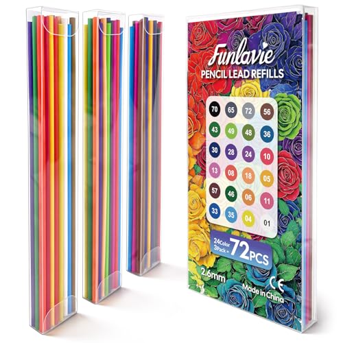 FUNLAVIE 2.6MM Colored Mechanical Pencil Lead Refills, 24 Assorted Color Pencils Refills, 3-Pack (72 PCS) – Oil-Based Soft Core Drawing Pencils, Vividly Brilliant Colors for Art & Sketching - color: 24 Color Refills