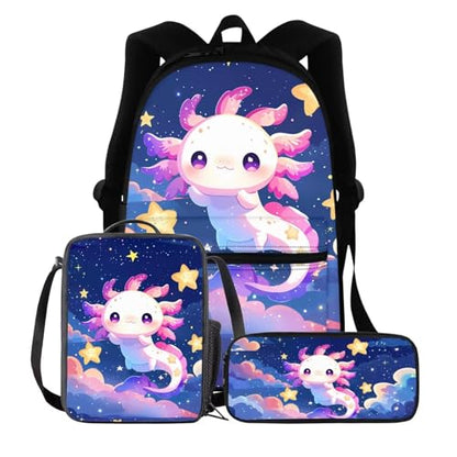 BIGCARJOB Cute Axolotl Backpack for Girls 8-10,Pink Axolotl Star Print School Bookbags Little Girls Back to School Daypack Children Kids Kawai School Backpack with Lunchbags Pencil Holder - color: Axolotl Star Print, size: One Size