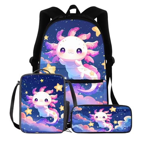 BIGCARJOB Cute Axolotl Backpack for Girls 8-10,Pink Axolotl Star Print School Bookbags Little Girls Back to School Daypack Children Kids Kawai School Backpack with Lunchbags Pencil Holder - color: Axolotl Star Print, size: One Size