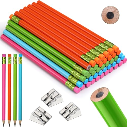 Fainne 48 Pcs Fat Pencils Jumbo Big Thick Large Pencils and 3 Pieces Sharpeners for Kids Beginners Preschoolers Kindergarten School Office Supplies(Multicolor,Round) - color: Multicolor, style: Round
