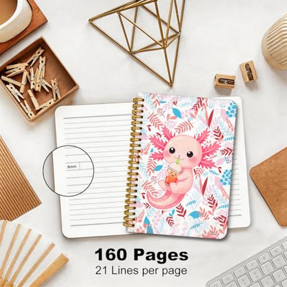 2 Pcs Pink Axolotl Spiral Notebook, Cute Animal College Ruled Spiral Notebook, Multi Subject Notebooks, 160 Ruled Pages Hardcover Journals for Writing Office, Axolotl Lover Gifts for Women - color: Multicolour 0006