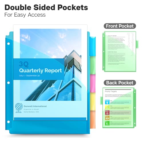 Dunwell 5-Tab Binder Pocket Dividers, Plastic Dividers with Two Pockets for 3-Ring Binder, Multicolor, Fits 8.5x11 Letter Size Documents, Insertable Tabs, 5 Subject Notebook Divider 3 Hole Punched - size: 1 Set (5 pcs), style: 2 Pockets