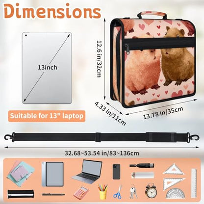 Capybara Zipper Binder, 3 D-Ring Expanding File Folder with Handle & Adjustable Shoulder Strap, 400 Sheets Capacity Multi-Pocket Organizer for 13 Inch Laptop - color: Capybara