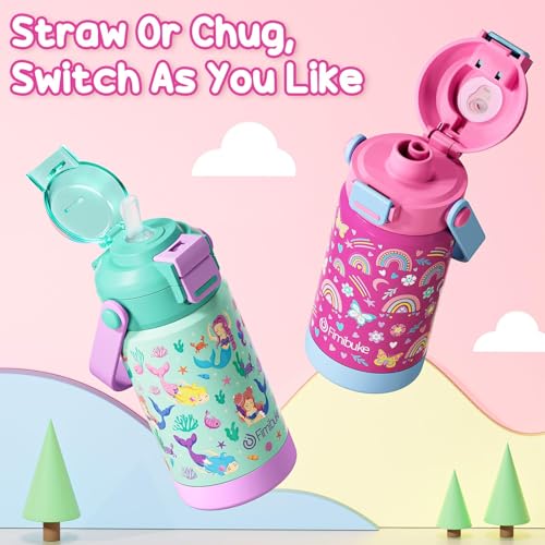 Fimibuke Kids Insulated Water Bottle with Pop-Open Straw & Spout 2-in-1 Lid, 14oz Leak Proof 18/8 Stainless Steel Vacuum Tumbler, BPA-Free Kids Cup For Travel School Girls Boys Toddler 2 Packs - color: A4.Dinosaur+Monster Car, size: 14 Ounces