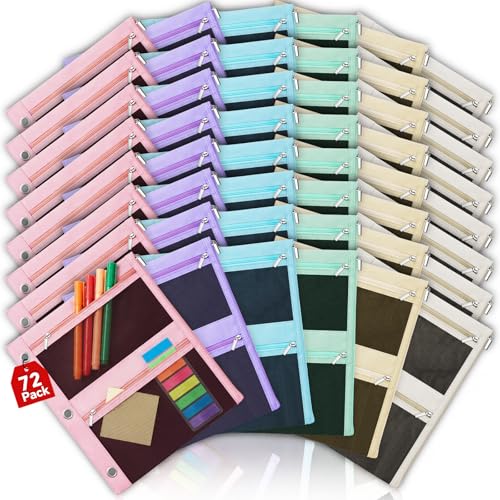 Lanpn 72 Pcs Pencil Pouch for 3 Ring Binder, 3 Pocket Zipper Binder Pouch Bulk, 9"x11" Binders Pencil Case, Pastel School Supplies for Girl Boy Student, Reinforced Grommets, Clear Window, Micro Mesh - color: 3 Pockets, size: 72 Pack