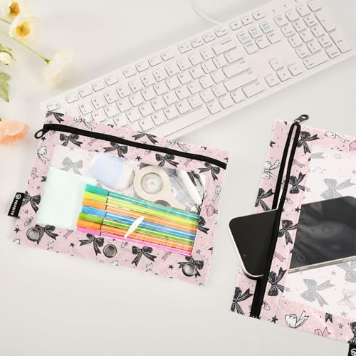 Binder Pencil Pouches Bows Cosmetic Bags 2 Pack | Clear Window 3 Rings, Cosmetic Bags School Office Supplies Cosmetic Makeup Bag 2 Psc - color: Multi-Pink Bows