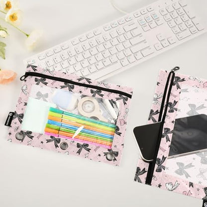 Binder Pencil Pouches Bows Cosmetic Bags 2 Pack | Clear Window 3 Rings, Cosmetic Bags School Office Supplies Cosmetic Makeup Bag 2 Psc - color: Multi-Pink Bows