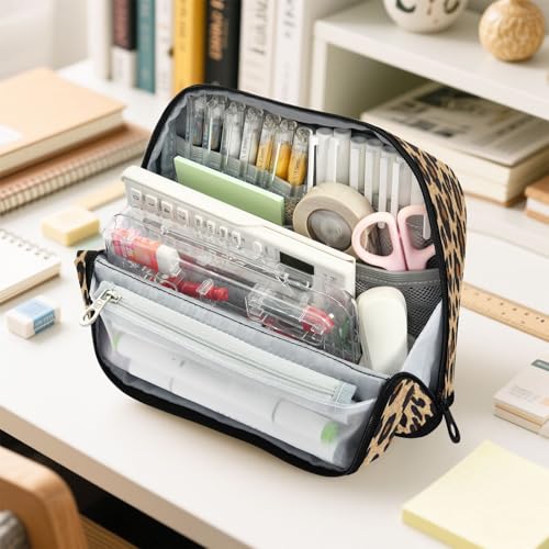 Brown Leopard Print Pencil Case Organizer, Large Capacity Stand-Up Pen Pouch with 3 Compartments, Foldable Makeup Bag for School Office Travel Supplies, 8.3 x 5.9 Inch - color: Leopard