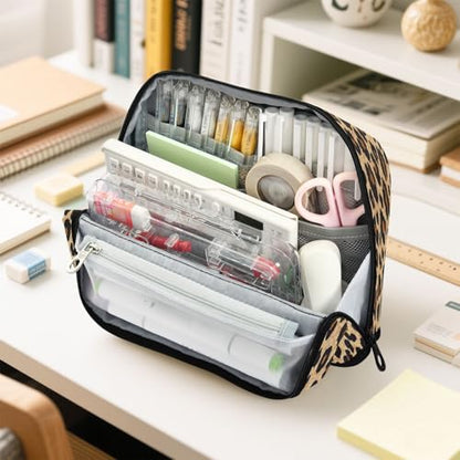 Brown Leopard Print Pencil Case Organizer, Large Capacity Stand-Up Pen Pouch with 3 Compartments, Foldable Makeup Bag for School Office Travel Supplies, 8.3 x 5.9 Inch - color: Leopard