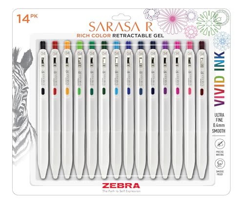 Zebra Pen, SARASA R Gel Pens, Assorted Ink Colors, 0.4mm Fine Point, Vivid Ink to Create Deep, Saturated Color and Smooth Gel Lines, Quick-Drying for Smear-Free Writing, Made in Japan, 14-Pack (47714) - color: Assorted B