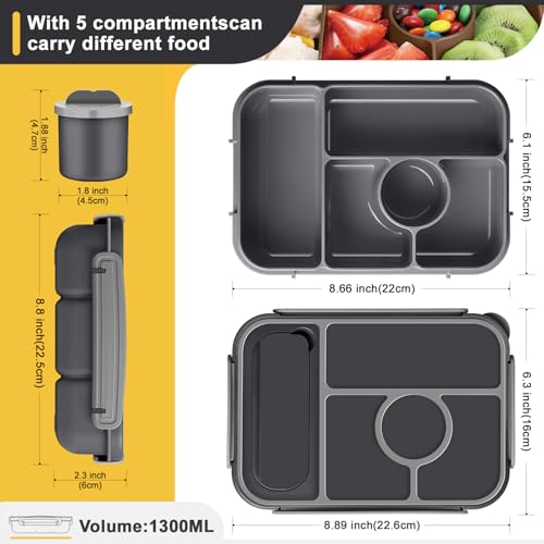 Amathley Bento Box Adult Lunch Box Kids,Lunch Containers for Adults/Kids/Toddler,5 Compartments Bento Lunch Box with Sauce Vontainers,Microwave & Dishwasher & Freezer Safe,BPA-Free (Dark Gray) - color: Dark Gray