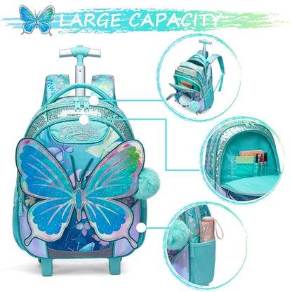 Girls Kids Rolling Backpack with Wheels Trolley School Bag Waterproof Travel Luggage for Kids Girls and Students lunch bag Lightweight and Multi functional 5-10 Years Old - color: Butterfly Blue