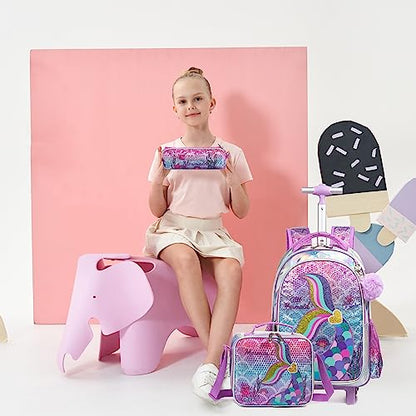 Meetbelify Mermaid Backpack with Wheels for Girls Rolling Backpack for Elementary Student Kids School Bag with Wheels Travel Luggage for Girls Age 6-8 - color: Mermaid Gold Love