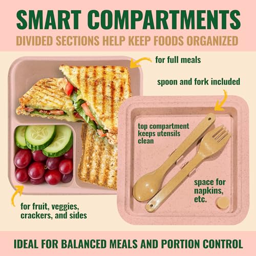 GreenLunch Bento Lunch Box for Kids, Large 2-Compartment, Durable and Microwave Safe, BPA-Free with Utensils, Wheat Straw Snack Containers for Kids – Pink - color: Pink