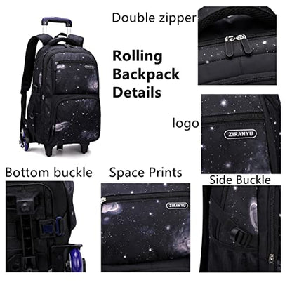VIDOSCLA Elementary Galaxy Teens Rolling Backpack Kids Boys Luggage with Wheels Trolly BookBag for School-6 Wheels - color: Black Blue-6 Wheels, style: 6 Wheels