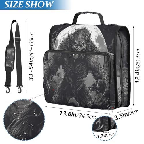 Zipper Binder 3 Ring Werewolf and Moon Print, Big Storage Portable Expanding File Folder Bag Document Organizer for Office Travel with Handle and Strap