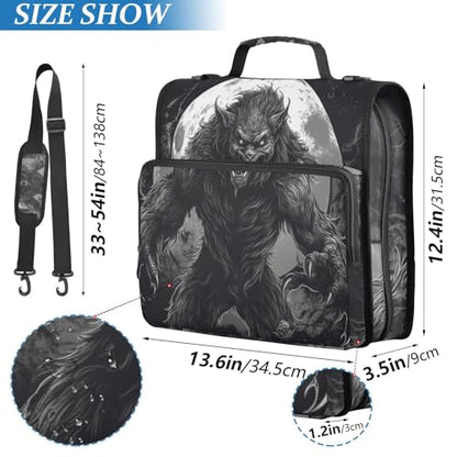 Zipper Binder 3 Ring Werewolf and Moon Print, Big Storage Portable Expanding File Folder Bag Document Organizer for Office Travel with Handle and Strap