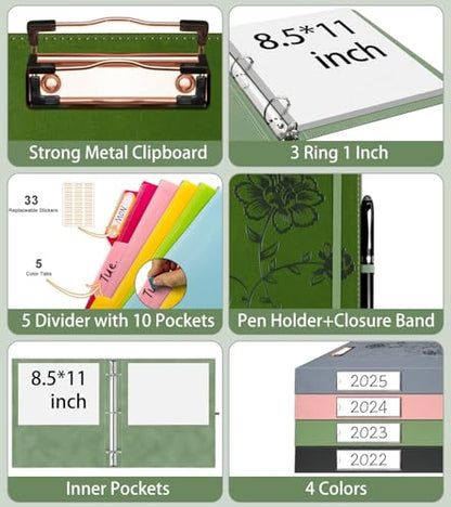 3 Ring Binder 1 Inch, Leather Binders with Clipboards, KLLVE Three Ring Binder with 10 Pocket Divider(Green, Letter Size) - color: Green