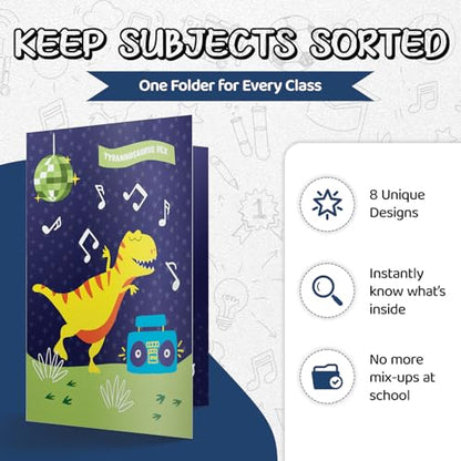 8 School Folders - Cute Pocket Folders with 8 Unique Dinosaur Designs in Front, Back Cover and Inside - Kids Pocket Folders - Homework Folders - Dinosaur Folders - 12 x 9.25 Inches (Pack of 8) - style: Dinosaur