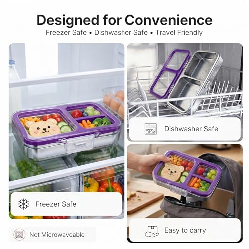 Leak-Resistant 18/8 Stainless Steel Bento Lunch Box Kids 7+ and Adults | 2 Swappable Style Accessories, BPA-Free Tritan Lid, Dishwasher Safe, School, Office & Travel - color: Purple