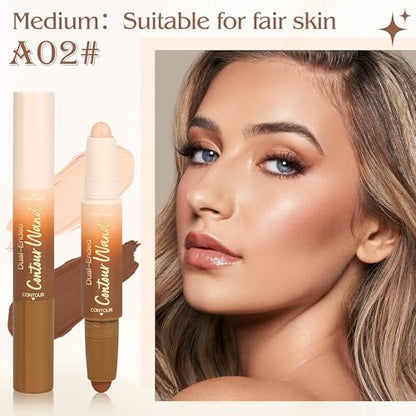 Contour Highlighter Stick，2-in-1 Dual-Ended Cream Bronzer & Highlighter Sticks Pen for Face Body Contouring Makeup- Buildable，Waterproof, Easy to Apply Suitable for Beginners，02Nude + Light Beige - color: A02#Medium