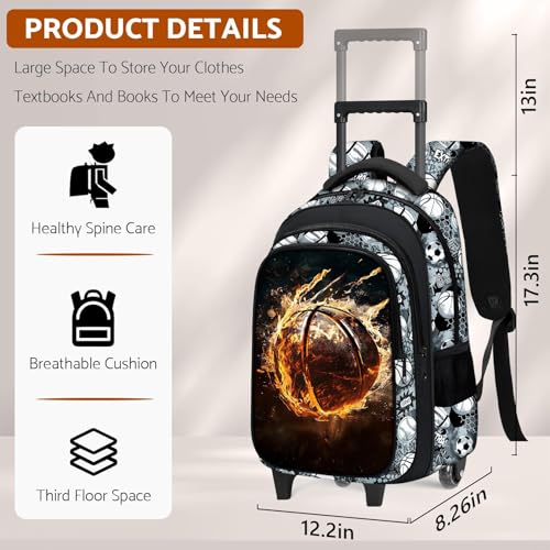 Boys Rolling Backpack for Kids - Basketball Kids Rolling Backpack with Wheels for Elementary Middle School Students - Sport Roller School Bookbag Aged 6-18, Wheeled Travel Bag Large Capacity - color: Basketball-002-backpack Only