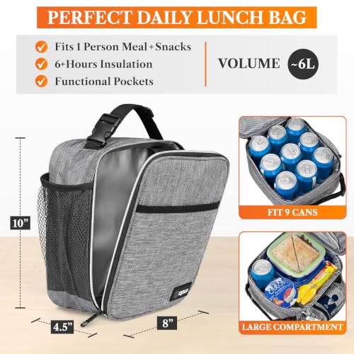 opux Insulated Lunch Bag for Kids Boys Girls, Small Compact Lunch Box with Wide Opening & Mesh Pockets, Reusable Lunch Pail for School, Work, Adults, Men, Women, Light Grey - color: Light Grey